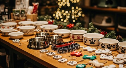 Festive pet product display showcasing ceramic and metal dog bowls, patterned collars, and holiday-themed pet ornaments on a wooden counter.
