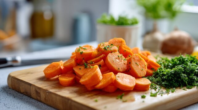 Freshly sliced carrots with chopped parsley on a wooden cutting board, showcasing vibrant colors and a healthy kitchen vibe.