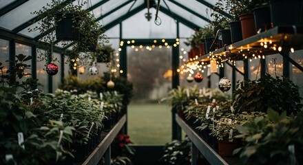 Cozy greenhouse interior filled with lush potted plants, illuminated by warm string lights and festive Christmas ornaments, creating a magical holiday atmosphere.