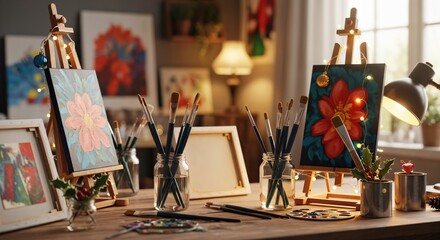 Cozy art studio workspace with two easels displaying vibrant floral paintings, surrounded by paintbrushes, art supplies, and warm festive lights, creating an inviting atmosphere.