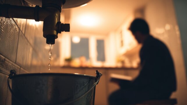 A silhouette of a man reading in a dimly lit kitchen while a dripping faucet fills a bucket below.