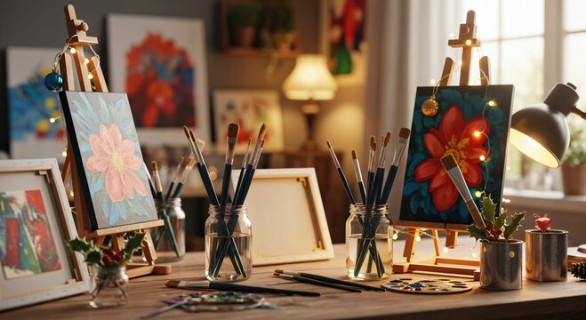 Cozy art studio workspace with two easels displaying vibrant floral paintings, surrounded by paintbrushes, art supplies, and warm festive lights, creating an inviting atmosphere. - Powered by Adobe