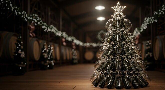 Festive Wine Cellar with a Creative Christmas Tree Crafted from Wine Glasses and Bottles