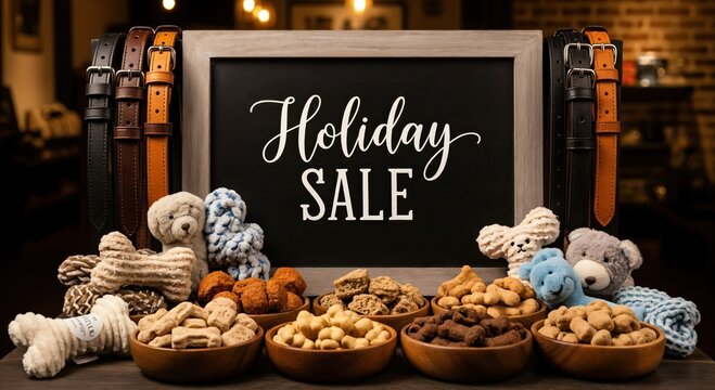 Festive Holiday Sale display featuring a chalkboard sign, various dog collars, bowls of pet treats, and an assortment of plush dog toys. - Powered by Adobe