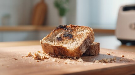 A slice of toasted whole grain bread with a crispy edge, placed on a wooden cutting board in a bright kitchen setting.