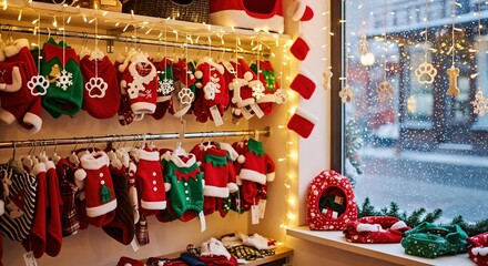 Naklejka premium Festive pet clothing display in a cozy boutique shop window, adorned with Christmas lights and decorations, featuring adorable red and green holiday outfits for animals.