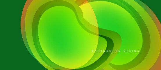 Abstract green design features overlapping fluid shapes. Gradient colors create dynamic visual effect. Modern background element.