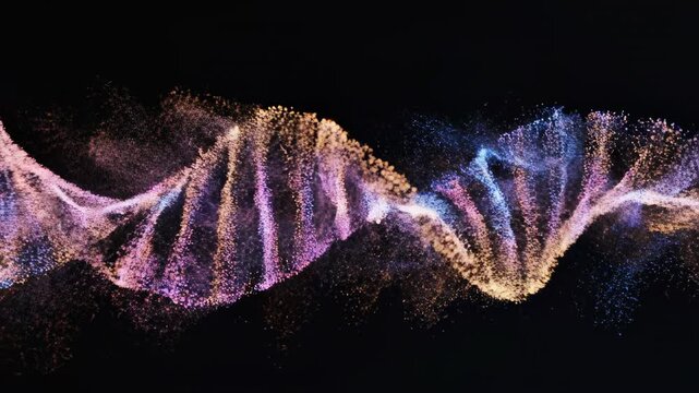 Slow motion capture of glowing, ethereal particle dust flowing rapidly and forming helix spirals across a deep black void glitter, star dust, cinematic abstract