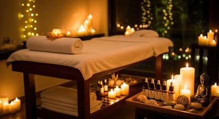 Luxurious spa room with massage table, essential oils, and glowing candles creating a serene and relaxing wellness atmosphere for therapy and self-care