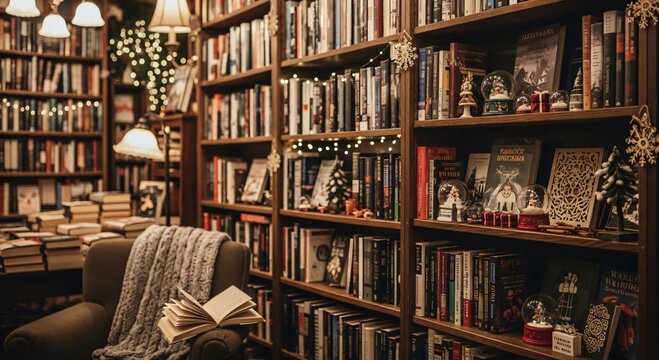 Cozy bookstore interior with bookshelves, festive Christmas decorations, and an inviting armchair for quiet reading