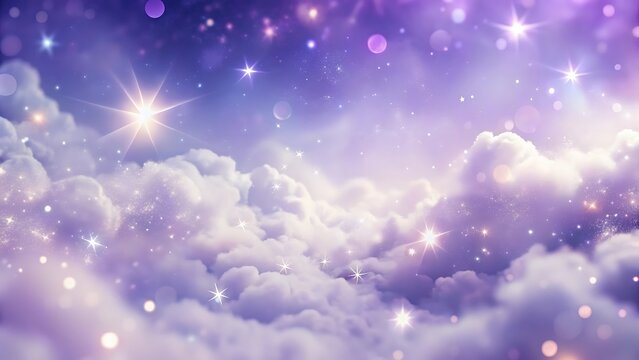 Dreamy purple sky with fluffy clouds and sparkling stars