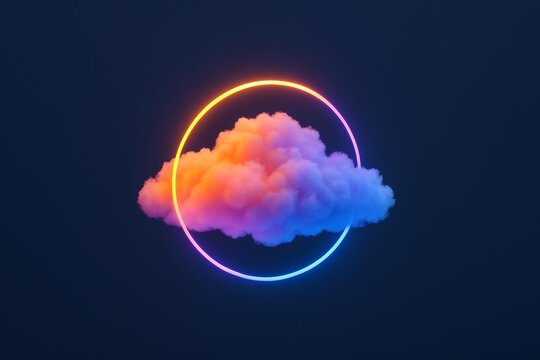 Glowing neon ring encircling a colorful fluffy cloud against a dark background in a surreal digital art style concept of fantasy dreamscape vision. Ai generative