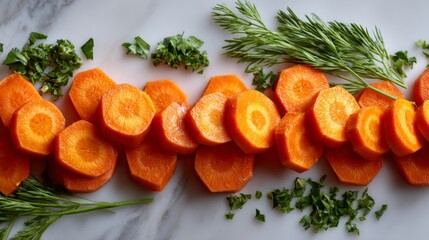 Vibrant slices of orange carrots laid out on a marble background, garnished with fresh herbs for a colorful display.