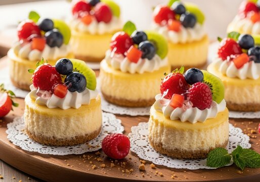 Delicious individual mini cheesecakes topped with fresh whipped cream and colorful mixed berry and kiwi fruit garnishes