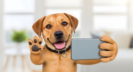 Cute and funny cartoon puppies in selfie pose with smartphone, isolated on a clean white background.