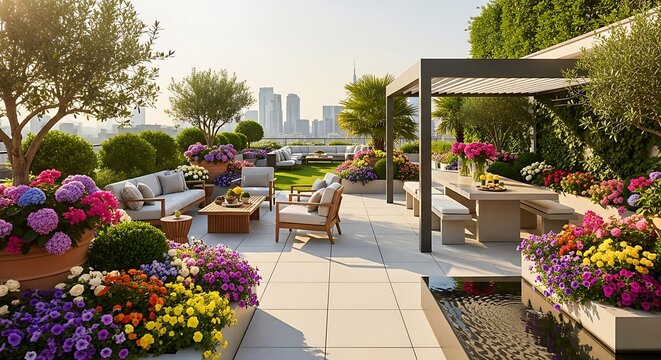 Luxurious rooftop terrace garden with vibrant flower display and modern outdoor furniture overlooking city skyline