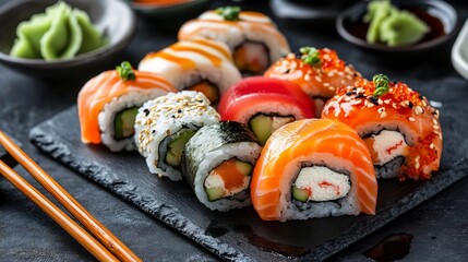 Authentic Japanese sushi rolls arranged dark slate board with soy sauce wasabi chopsticks and seaweed background no faces restaurant lighting