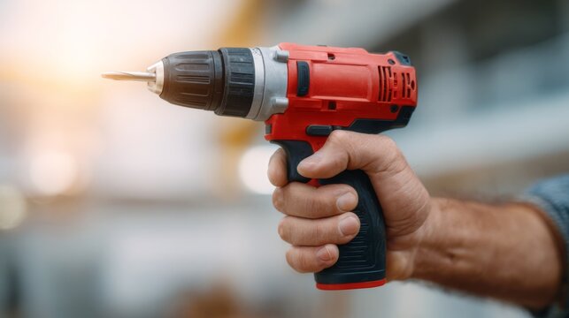 A close-up of a man's hand holding a cordless drill, showcasing the tool's design and texture in a well-lit workshop environment.