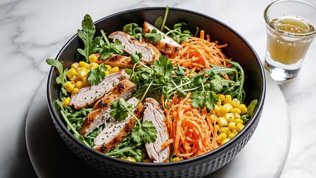 Healthy Grilled Chicken Salad with Fresh Vegetables and Corn.