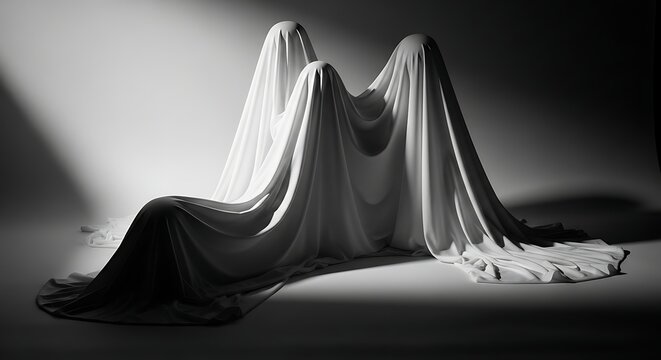 Three spooky figures covered with white sheets creating a mysterious and eerie composition in dramatic black and white studio lighting