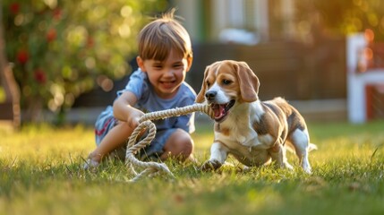 Happy boy playing tug of war with his Beagle dog on a grassy lawn. Child and pet having fun with a rope toy outdoors. For pet store advertising, dog and puppy food, pet shelter.
