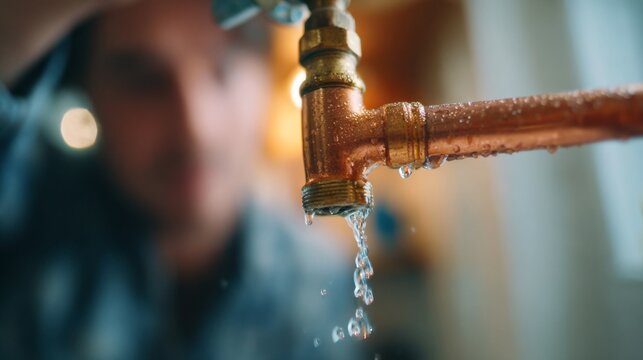 A focused male plumber adjusting a copper pipe with water dripping, showcasing expertise in plumbing repairs.