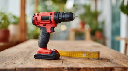 A vibrant red cordless drill sits prominently on a rustic wooden table, accentuating its modern design and functionality.