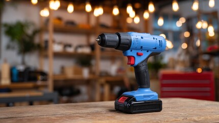 A blue cordless drill sits prominently on a wooden workbench, illuminated by warm lights, creating a vibrant workshop atmosphere.