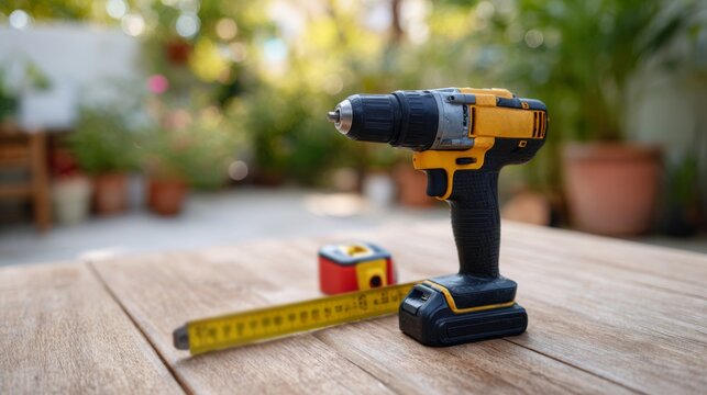 A powerful cordless drill with a measuring tape on a wooden table, set in a vibrant garden atmosphere.