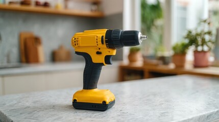 A close-up of a yellow cordless drill on a kitchen countertop, showcasing its modern design and functionality.
