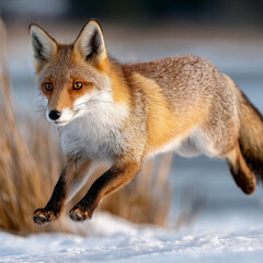 Obraz premium Fox jumping in snowy landscape with blurred background