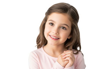A young girl with long brown hair smiling at the viewer, clasp, eye, girl, hair, hand, jaw, pink, portrait, pose, shirt, smile, white 
