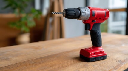 A red cordless drill with a black grip, positioned on a wooden table, showcasing its sleek design and essential drilling tool features.