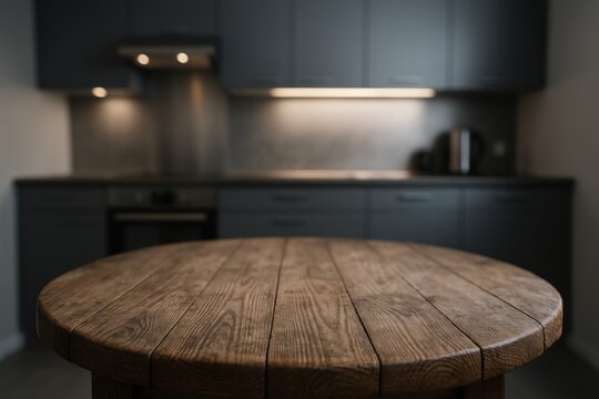 Round rustic wooden table in focus with blurred modern dark kitchen interior in background and under-cabinet lighting enhancing the ambiance. Ai generative