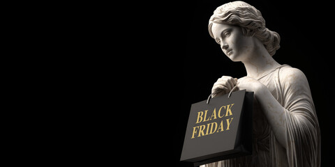 Extreme close-up, portrait of a classical white marble statue of a young woman holding a black shopping bag with gold “BLACK FRIDAY” text, isolated on black background with copy space. Generative Ai.