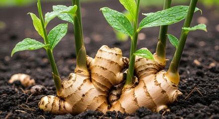 Young ginger plants with fresh green shoots emerging from the rich soil showcasing the early stages of growth and cultivation