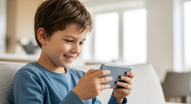 Caucasian kid boy with cute smile sitting on coach and playing video game on smartphone at home. Online mobile entertainment for a child, video call