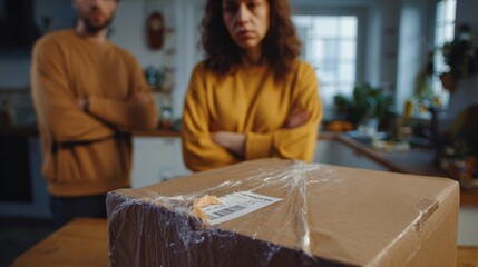 Concerned couple in matching sweaters observing a damaged package in their kitchen.