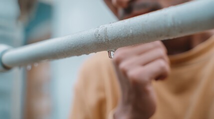 A thoughtful young man of South Asian descent gazes at a droplet hanging from a pipe, contemplating life in soft, muted colors.
