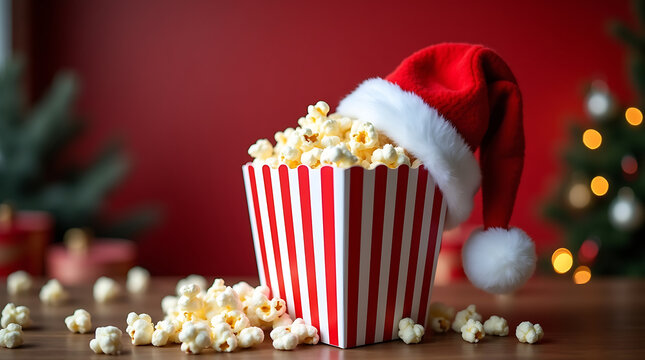 Christmas popcorn santa hat holiday movie night festive snack red background - Powered by Adobe