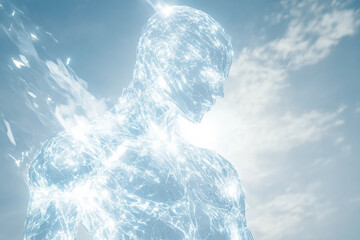 Dreamy ethereal human figure emerging from swirling colorful light smoke mystical atmosphere, created generative ai technology