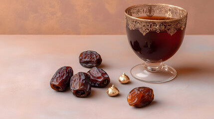 A rustic wooden bowl filled with dates sits beside an ornate glass of water on a textured wooden surface, symbolizing the breaking of fast during Ramadan