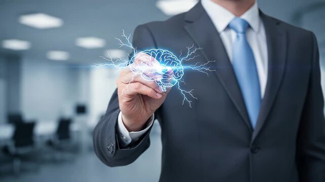 Businessman pen pointing innovation near glowing brain showing creativity and ideas, leadership conflict, business problem - Powered by Adobe