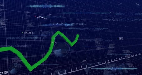Green line graph on data feed pulse, dipping then climbing, ticking upward to show market trend - Powered by Adobe