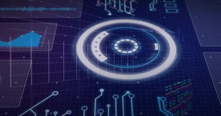 Central HUD reticle brightening and rotating, circuit traces rising, widgets updating, running scan - Powered by Adobe