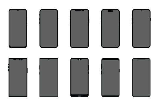 Modern smartphone  with black frame mockup set vector illustration . Smartphone frame mockup vector set with different notch styles and bezel designs . eps 10