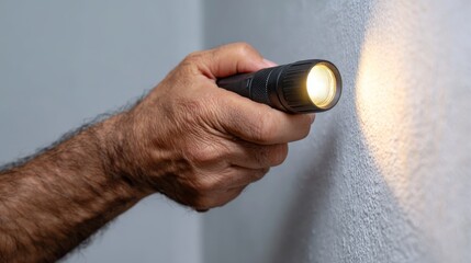 A close-up of a man's hand holding a flashlight, illuminating a textured wall in a dimly lit environment.