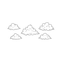 Set of hand-drawn clouds in a vintage comic book style. Black and white vector line art collection of various fluffy cloud shapes. Doodle sky and weather illustration isolated on white background.
