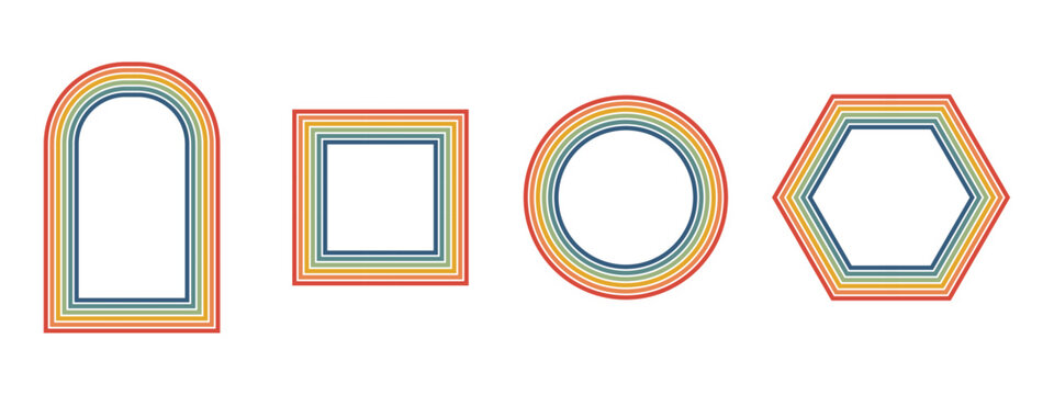 Groovy rainbow frames with psychedelic 70s vibes. Retro borders featuring vibrant funky colors and geometric patterns perfect for vintage posters and decorative designs.