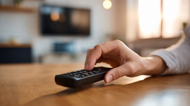 A close-up of a hand of an adult pressing buttons on a remote control, while relaxing at home.